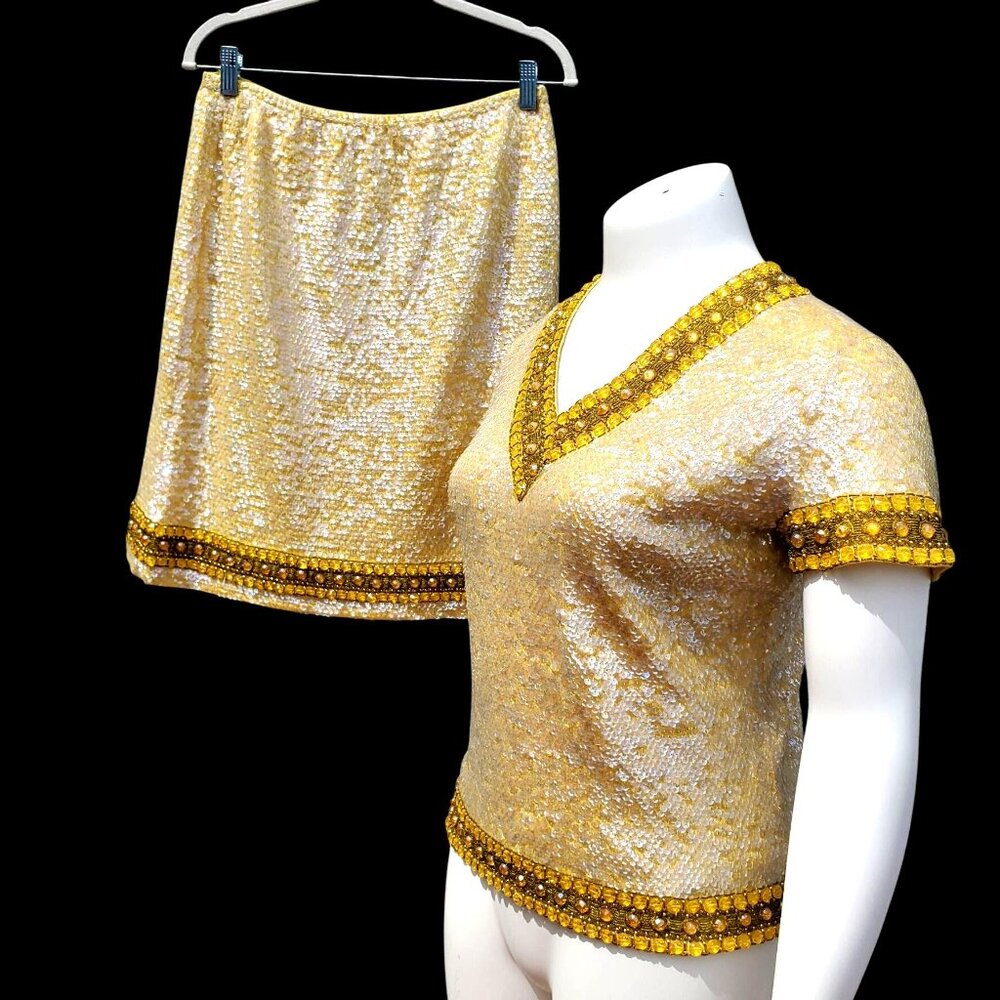 60s Sequin Beaded Yellow Skirt Set XL NWT Cleopatra Movie Inspired Hong Kong - Picture 16 of 16